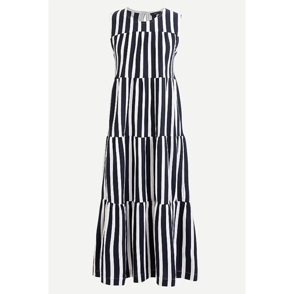 J Crew‎ Tiered tank dress stripe Cotton Navy Blue White Nautical Sleeveless